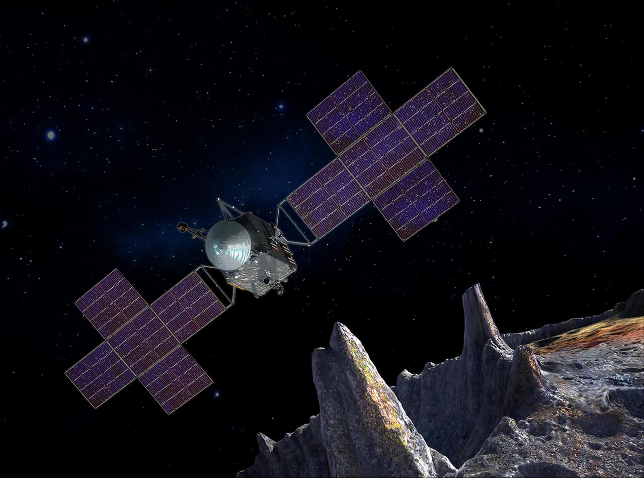This artist's-concept illustration depicts the spacecraft of NASA's Psyche mission near the mission's target, the metal asteroid Psyche. The artwork was created in May 2017 to show the five-panel solar arrays planned for the spacecraft.      The spacecraft's structure will include power and propulsion systems to travel to, and orbit, the asteroid. These systems will combine solar power with electric propulsion to carry the scientific instruments used to study the asteroid through space.      The mission plans launch in 2022 and arrival at Psyche, between the orbits of Mars and Jupiter, in 2026. This selected asteroid is made almost entirely of nickel-iron metal. It offers evidence about violent collisions that created Earth and other terrestrial planets.   https://photojournal.jpl.nasa.gov/catalog/PIA21499