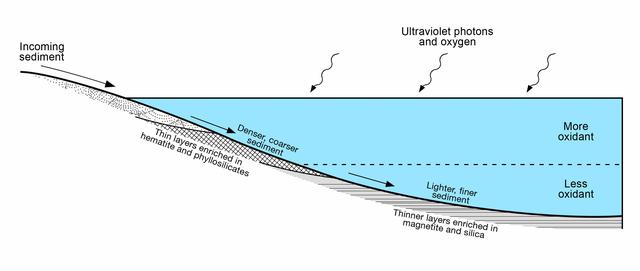This diagram presents some of the processes and clues related to a long-ago lake on Mars that became stratified, with the shallow water richer in oxidants than deeper water was. The sedimentary rocks deposited within a lake in Mars' Gale Crater more than three billion years ago differ from each other in a pattern that matches what is seen in lakes on Earth. As sediment-bearing water flows into a lake, bedding thickness and particle size progressively decrease as sediment is deposited in deeper and deeper water as seen in examples of thick beds (PIA19074) from shallowest water, thin beds (PIA19075) from deeper water and even thinner beds (PIA19828) from deepest water. At sites on lower Mount Sharp, inside the crater, measurements of chemical and mineral composition by NASA's Curiosity Mars rover reveal a clear correspondence between the physical characteristics of sedimentary rock from different parts of the lake and how strongly oxidized the sediments were. Rocks with textures indicating that the sediments were deposited near the edge of a lake have more strongly oxidized composition than rocks with textures indicating sedimentation in deep water. For example, the iron mineral hematite is more oxidized than the iron mineral magnetite. An explanation for why such chemical stratification occurs in a lake is that the water closer to the surface is more exposed to oxidizing effects of oxygen in the atmosphere and ultraviolet light. On Earth, a stratified lake with a distinct boundary between oxidant-rich shallows and oxidant-poor depths provides a diversity of environments suited to different types of microbes. If Mars has ever hosted microbial live, the stratified lake at Gale Crater may have similarly provided a range of different habitats for life. https://photojournal.jpl.nasa.gov/catalog/PIA21500