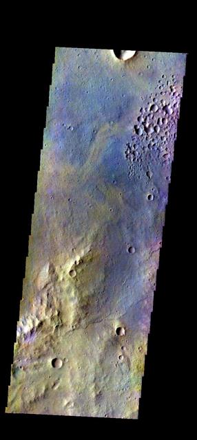 The THEMIS VIS camera contains 5 filters. The data from different filters can be combined in multiple ways to create a false color image. These false color images may reveal subtle variations of the surface not easily identified in a single band image. Today's false color image shows part of the plains of Margaritifer Terra.  Orbit Number: 52108 Latitude: -12.6683 Longitude: 344.894 Instrument: VIS Captured: 2013-09-12 11:25  http://photojournal.jpl.nasa.gov/catalog/PIA21508