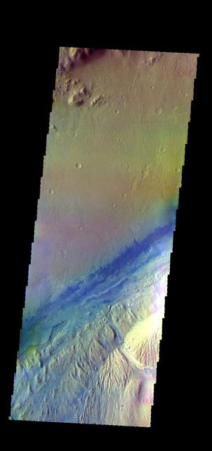 The THEMIS VIS camera contains 5 filters. The data from different filters can be combined in multiple ways to create a false color image. These false color images may reveal subtle variations of the surface not easily identified in a single band image. Today's false color image shows part of Gale Crater, the home of Curiosity Rover. Orbit Number: 52340 Latitude: -4.59603 Longitude: 137.402 Instrument: VIS Captured: 2013-10-01 13:32 http://photojournal.jpl.nasa.gov/catalog/PIA21516