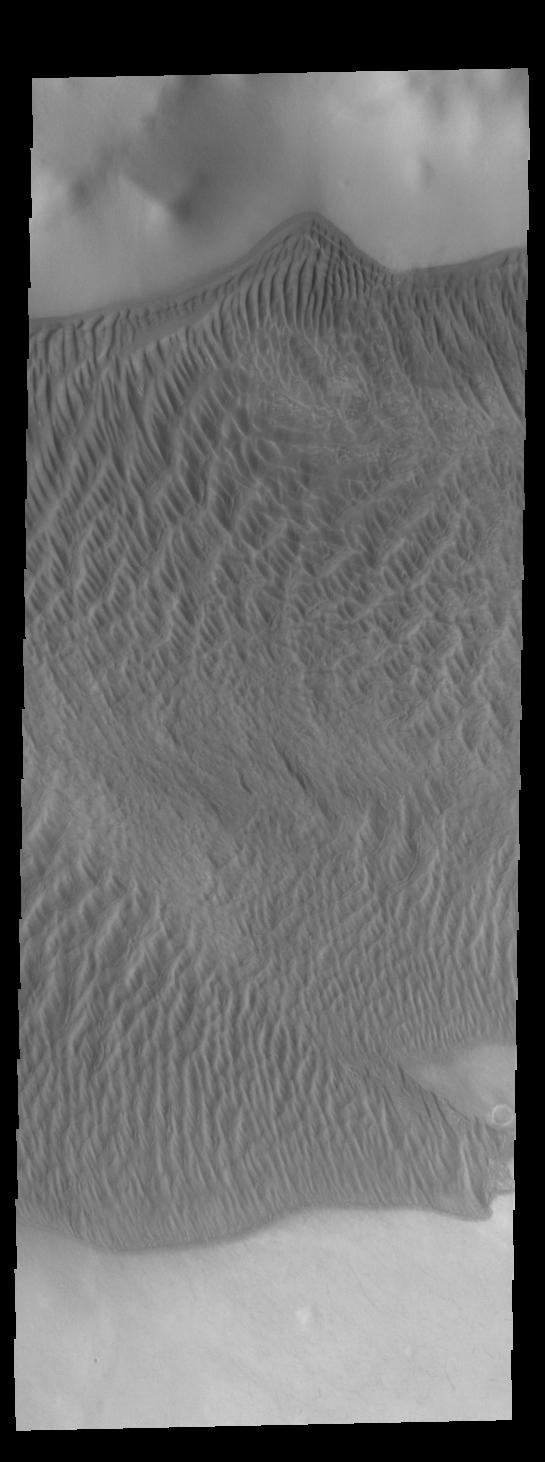 This image captured by NASA 2001 Mars Odyssey spacecraft shows part of the large sand sheet with surface dune forms on the floor of Charlier Crater in Terra Sirenum.  Orbit Number: 67288 Latitude: -68.1351 Longitude: 191.161 Instrument: VIS Captured: 2017-02-13 09:50  https://photojournal.jpl.nasa.gov/catalog/PIA21526