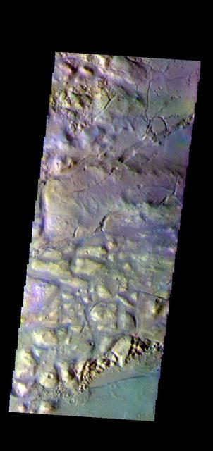 The THEMIS camera contains 5 filters. The data from different filters can be combined in multiple ways to create a false color image. These false color images may reveal subtle variations of the surface not easily identified in a single band image. This image from NASA 2001 Mars Odyssey spacecraft shows part of Gorgonum Chaos. Orbit Number: 58131 Latitude: -38.0727 Longitude: 189.465 Instrument: VIS Captured: 2015-01-21 05:12 https://photojournal.jpl.nasa.gov/catalog/PIA21542