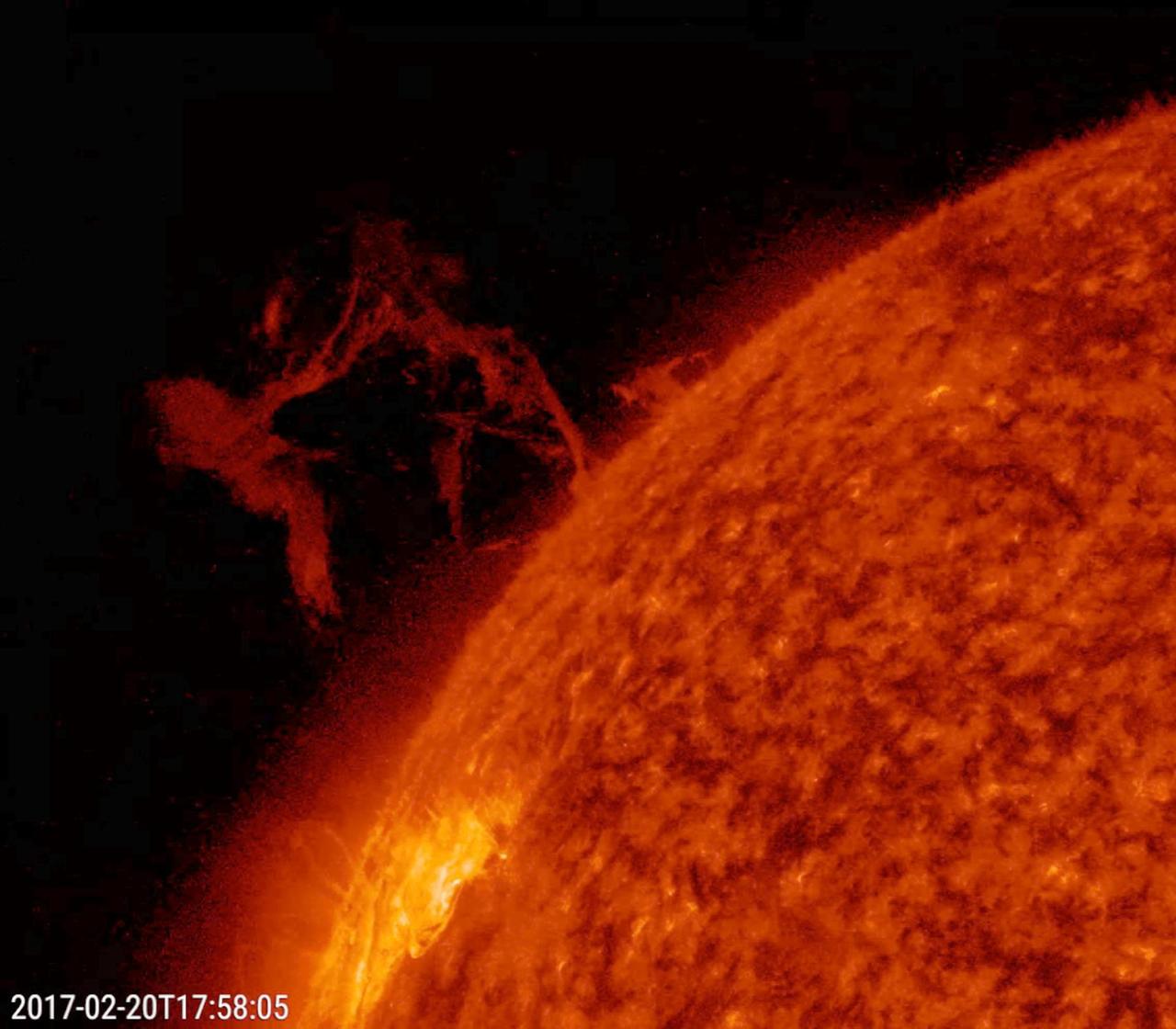 A solar prominence gathered itself into a twisting cone, then rose up and broke apart in a delicate dance of plasma above the sun (Feb. 20, 2017). The event, observed in a wavelength of extreme ultraviolet light, lasted just about four hours. Prominences are unstable clouds of plasma suspended above the sun's surface by magnetic forces. This kind of event is not uncommon. The brighter area near the bottom of the images is an active region.  Movies are available at http://photojournal.jpl.nasa.gov/catalog/PIA21552