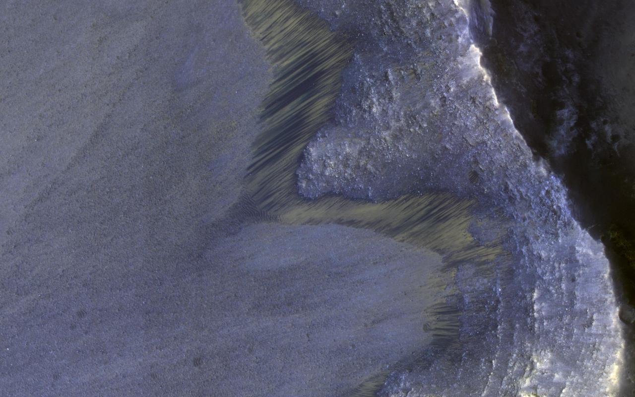Recurring Slope Lineae (called "RSL") are seasonally-repeating dark flows that are active at the warmest times of the year. Some of these grow from the top of the steep slope downwards as expected for liquid or granular flows.  Others show different darkening patterns, which suggests different processes. Although HiRISE has acquired many images to monitor RSL sites, it still is not certain how these features form.  The map is projected here at a scale of 25 centimeters (9.8 inches) per pixel. [The original image scale is 25.8 centimeters (10.2 inches) per pixel (with 2 x 2 binning); objects on the order of 51.7 centimeters (20.4 inches) across are resolved.] North is up.  http://photojournal.jpl.nasa.gov/catalog/PIA21558
