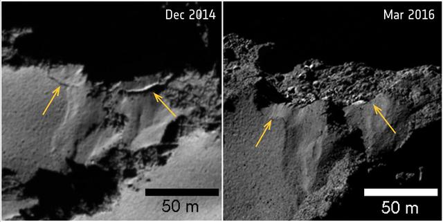 Several sites of cliff collapse on comet 67P/Churyumov-Gerasimenko were identified during Rosetta's mission. The yellow arrows mark the fractures where the detachment occurred. The collapsed sections are about 50 feet (15 meters) long for the left-hand section, and 30 feet (9 meters) for the right-hand section. Additional images taken from greater distances suggest the collapse occurred between May and December 2015.  The images were taken by Rosetta's OSIRIS camera on Dec. 2, 2014 (left), and March 12, 2016 (right), with resolutions of 1.6 feet (0.5 meters) per pixel and 1 foot (0.3 meters) per pixel, respectively.  http://photojournal.jpl.nasa.gov/catalog/PIA21564