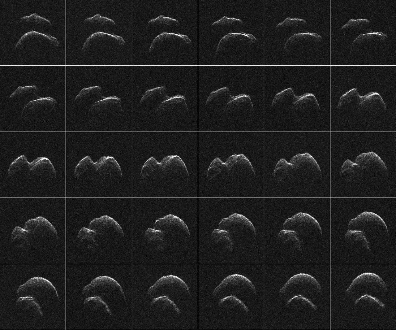 This composite of 30 images of asteroid 2014 JO25 was generated with radar data collected using NASA Goldstone Solar System Radar in California Mojave Desert.  https://photojournal.jpl.nasa.gov/catalog/PIA21594