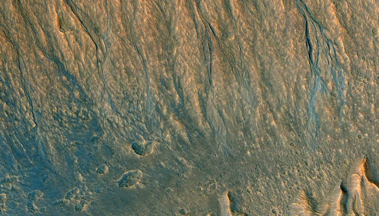 This observation from NASA's Mars Reconnaissance Orbiter (MRO) is an oblique view of gully deposits from the steep slope of an impact crater. The deposits with anomalous (bluish) colors may reveal very recent activity, not yet homogenized by dust deposition, or there may be sand preferentially trapped in some places to give this appearance. https://photojournal.jpl.nasa.gov/catalog/PIA21602