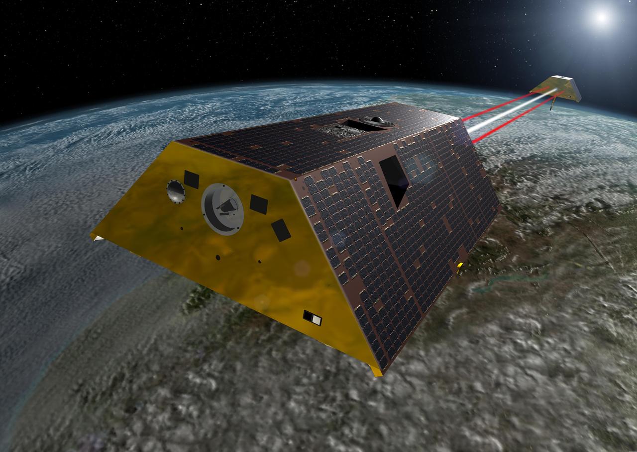 This artist's rendering shows the twin spacecraft of the Gravity Recovery and Climate Experiment Follow-On (GRACE-FO) mission, a partnership between NASA and the German Research Centre for Geosciences (GFZ). GRACE-FO is a successor to the original GRACE mission, which began orbiting Earth on March 17, 2002. GRACE-FO will carry on the extremely successful work of its predecessor while testing a new technology designed to dramatically improve the already remarkable precision of its measurement system.  The GRACE missions measure variations in gravity over Earth's surface, producing a new map of the gravity field every 30 days. Thus, GRACE shows how the planet's gravity differs not only from one location to another, but also from one period of time to another.  https://photojournal.jpl.nasa.gov/catalog/PIA21607