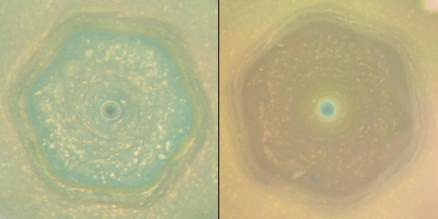 These natural color views from NASA's Cassini spacecraft compare the appearance of Saturn's north-polar region in June 2013 and April 2017.  In both views, Saturn's polar hexagon dominates the scene. The comparison shows how clearly the color of the region changed in the interval between the two views, which represents the latter half of Saturn's northern hemisphere spring.  In 2013, the entire interior of the hexagon appeared blue. By 2017, most of the hexagon's interior was covered in yellowish haze, and only the center of the polar vortex retained the blue color. The seasonal arrival of the sun's ultraviolet light triggers the formation of photochemical aerosols, leading to haze formation. The general yellowing of the polar region is believed to be caused by smog particles produced by increasing solar radiation shining on the polar region as Saturn approached the northern summer solstice on May 24, 2017.  Scientists are considering several ideas to explain why the center of the polar vortex remains blue while the rest of the polar region has turned yellow. One idea is that, because the atmosphere in the vortex's interior is the last place in the northern hemisphere to be exposed to spring and summer sunlight, smog particles have not yet changed the color of the region. A second explanation hypothesizes that the polar vortex may have an internal circulation similar to hurricanes on Earth. If the Saturnian polar vortex indeed has an analogous structure to terrestrial hurricanes, the circulation should be downward in the eye of the vortex. The downward circulation should keep the atmosphere clear of the photochemical smog particles, and may explain the blue color.  Images captured with Cassini's wide-angle camera using red, green and blue spectral filters were combined to create these natural-color views.  The 2013 view (left in the combined view), was captured on June 25, 2013, when the spacecraft was about 430,000 miles (700,000 kilometers) away from Saturn. The original versions of these images, as sent by the spacecraft, have a size of 512 by 512 pixels and an image scale of about 52 miles (80 kilometers) per pixel; the images have been mapped in polar stereographic projection to the resolution of approximately 16 miles (25 kilometers) per pixel. The second and third frames in the animation were taken approximately 130 and 260 minutes after the first image.  The 2017 sequence (right in the combined view) was captured on April 25, 2017, just before Cassini made its first dive between Saturn and its rings. During the imaging sequence, the spacecraft's distance from the center of the planet changed from 450,000 miles (725,000 kilometers) to 143,000 miles (230,000 kilometers). The original versions of these images, as sent by the spacecraft, have a size of 512 by 512 pixels. The resolution of the original images changed from about 52 miles (80 kilometers) per pixel at the beginning to about 9 miles (14 kilometers) per pixel at the end. The images have been mapped in polar stereographic projection to the resolution of approximately 16 miles (25 kilometers) per pixel. The average interval between the frames in the movie sequence is 230 minutes.  Corresponding animated movie sequences are available at https://photojournal.jpl.nasa.gov/catalog/PIA21611  https://photojournal.jpl.nasa.gov/catalog/PIA21611