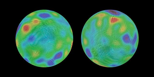 Working with image data from NASA's Cassini mission, researchers have found evidence that Saturn's moon Enceladus may have tipped over, reorienting itself so that terrain closer to its original equator was relocated to the poles. This phenomenon is known as true polar wander.  Researchers discovered a chain of basins across the surface of Enceladus along with a pair of depressions that line up with an equator and poles, respectively, if the moon's axis of rotation was reoriented by about 55 degrees of latitude.  These maps look toward the icy moon's southern hemisphere, with colors representing highs and lows. Purple represents the lowest elevations, while red represents the highest.  The map at left shows the surface of Enceladus in its possible ancient orientation, millions of years ago. The chain of basins representing topographic lows can be seen in blue and purple, running along the equator, with an additional low region around the original south pole. The region that encloses the moon's currently active south polar terrain, with its long, linear "tiger stripe" fractures, would have been at middle latitudes just south of the equator. The map at right shows the current orientation of Enceladus.   https://photojournal.jpl.nasa.gov/catalog/PIA21612