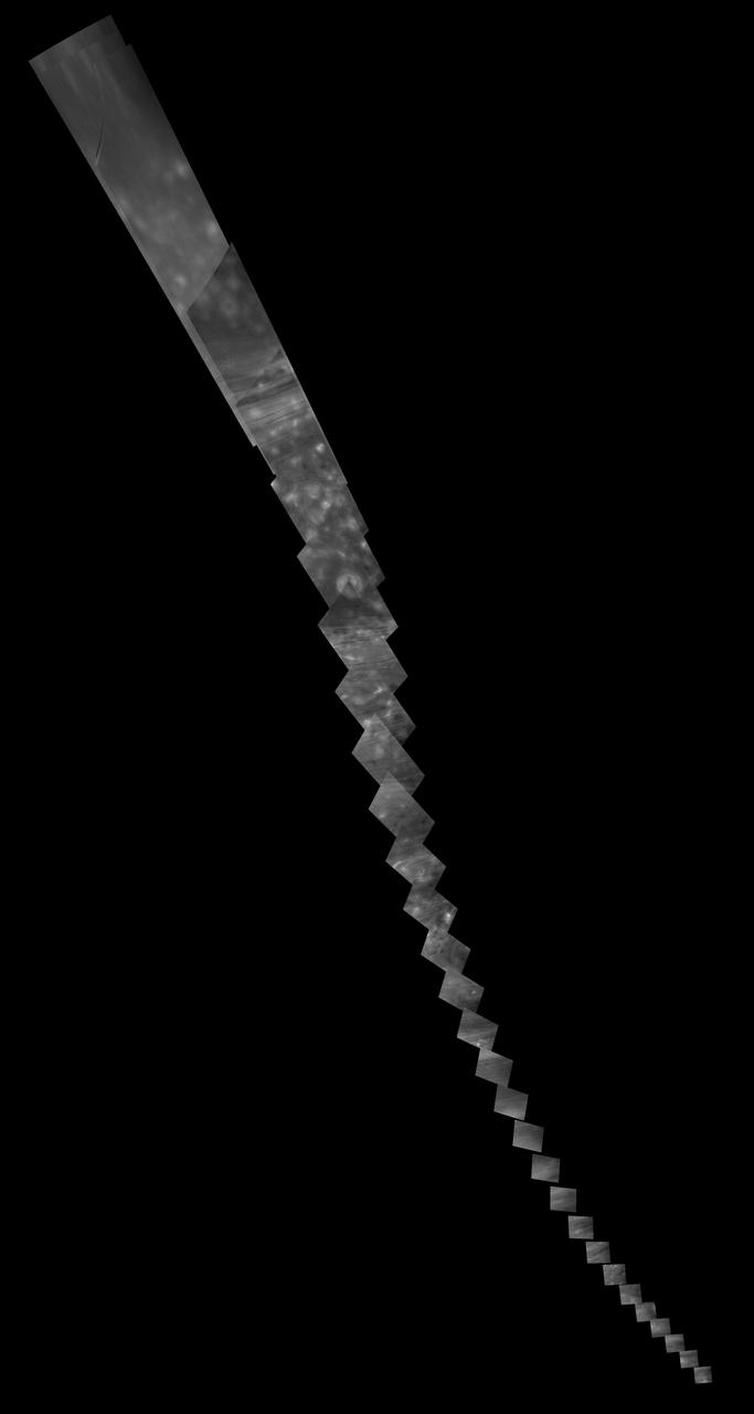 This mosaic of 30 images was captured by NASA's Cassini spacecraft on June 29, 2017, as it raced toward the gap between Saturn and its rings during one of 22 close passes over Saturn that comprise the mission's final phase, called the Grand Finale. For the first frame of the mosaic, Cassini's camera was pointed toward a location at approximately 80 degrees north latitude, as the spacecraft was flying 16,000 miles (26,000 kilometers) above the top of the clouds at 45 degrees north latitude. When the last frame was captured, the orbiter was 8,000 miles (13,000 kilometers) above 30 degrees north latitude and looking straight down at the planet. The images in this sequence were captured in near-infrared wavelengths using the Cassini spacecraft wide-angle camera. The near-infrared channel centered at 752 nanometers was chosen for this imaging sequence because it is most sensitive to Saturn's cloud-top altitudes. The original versions of these images, as sent by the spacecraft, have a size of 512 by 512 pixels. The small image size was chosen in order to allow the camera to take images quickly as Cassini sped over Saturn. These images of the planet's curved surface were projected onto a flat plane before being combined into a mosaic. Each image was mapped in stereographic projection centered at 55 degrees north latitude. https://photojournal.jpl.nasa.gov/catalog/PIA21622