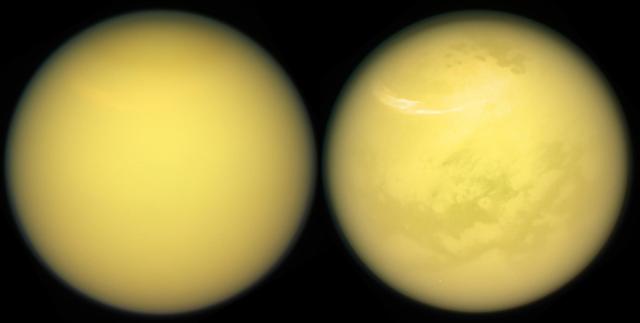 These two views of Saturn's moon Titan exemplify how NASA's Cassini spacecraft has revealed the surface of this fascinating world. Cassini carried several instruments to pierce the veil of hydrocarbon haze that enshrouds Titan. The mission's imaging cameras also have several spectral filters sensitive to specific wavelengths of infrared light that are able to make it through the haze to the surface and back into space. These "spectral windows" have enable the imaging cameras to map nearly the entire surface of Titan. In addition to Titan's surface, images from both the imaging cameras and VIMS have provided windows into the moon's ever-changing atmosphere, chronicling the appearance and movement of hazes and clouds over the years. A large, bright and feathery band of summer clouds can be seen arcing across high northern latitudes in the view at right. These views were obtained with the Cassini spacecraft narrow-angle camera on March 21, 2017. Images taken using red, green and blue spectral filters were combined to create the natural-color view at left. The false-color view at right was made by substituting an infrared image (centered at 938 nanometers) for the red color channel. The views were acquired at a distance of approximately 613,000 miles (986,000 kilometers) from Titan. Image scale is about 4 miles (6 kilometers) per pixel. https://photojournal.jpl.nasa.gov/catalog/PIA21624