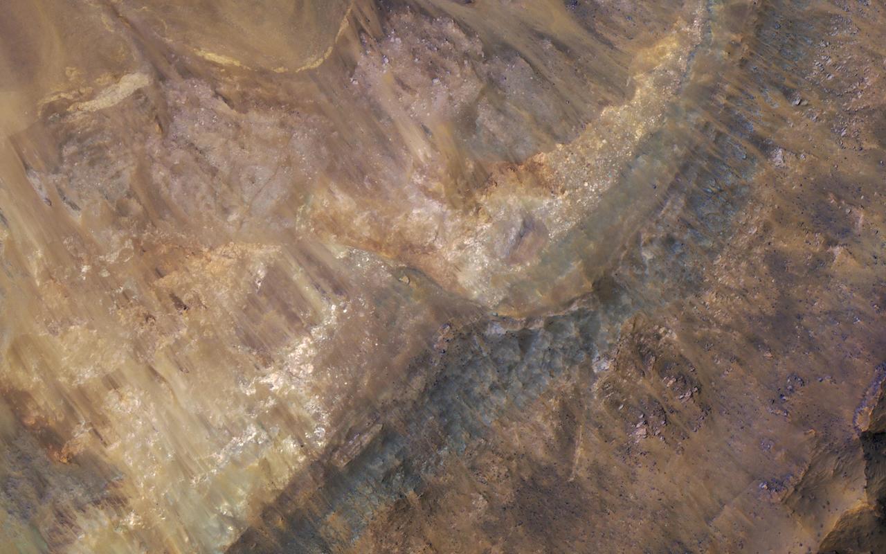 Geologists love roadcuts because they reveal the bedrock stratigraphy (layering). Until we have highways on Mars, we can get the same information from fresh impact craters as shown in this image from NASA's Mars Reconnaissance Orbiter.  This image reveals these layers filling a larger crater, perhaps a combination of lava, impact ejecta, and sediments.  https://photojournal.jpl.nasa.gov/catalog/PIA21631