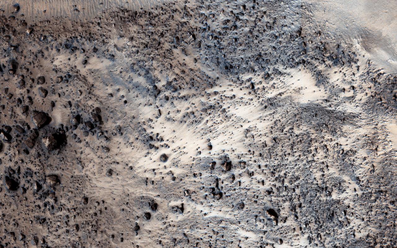 This image from NASA Mars Reconnaissance Orbiter shows a fresh well-preserved landslide scarp and rocky deposit off the edge of a streamlined mesa in Simud Valles, a giant outflow channel carved by ancient floods.  A stereo anaglyph is available at https://photojournal.jpl.nasa.gov/catalog/PIA21633
