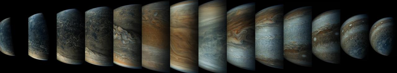 This sequence of enhanced-color images shows how quickly the viewing geometry changes for NASA's Juno spacecraft as it swoops by Jupiter. The images were obtained by JunoCam. Once every 53 days the Juno spacecraft swings close to Jupiter, speeding over its clouds. In just two hours, the spacecraft travels from a perch over Jupiter's north pole through its closest approach (perijove), then passes over the south pole on its way back out. This sequence shows 14 enhanced-color images. The first image on the left shows the entire half-lit globe of Jupiter, with the north pole approximately in the center. As the spacecraft gets closer to Jupiter, the horizon moves in and the range of visible latitudes shrinks. The third and fourth images in this sequence show the north polar region rotating away from our view while a band of wavy clouds at northern mid-latitudes comes into view. By the fifth image of the sequence the band of turbulent clouds is nicely centered in the image. The seventh and eighth images were taken just before the spacecraft was at its closest point to Jupiter, near Jupiter's equator. Even though these two pictures were taken just four minutes apart, the view is changing quickly. As the spacecraft crossed into the southern hemisphere, the bright "south tropical zone" dominates the ninth, 10th and 11th images. The white ovals in a feature nicknamed Jupiter's "String of Pearls" are visible in the 12th and 13th images. In the 14th image Juno views Jupiter's south poles. Citizen scientists Gerald Eichstädt and Seán Doran created this image using data from the spacecraft's JunoCam imager. https://photojournal.jpl.nasa.gov/catalog/PIA21645