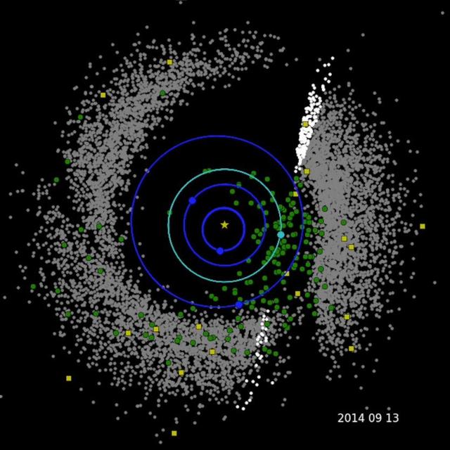 This frame from a movie shows the progression of NASA's Near-Earth Object Wide-field Survey Explorer (NEOWISE) investigation for the mission's first three years following its restart in December 2013. Green circles represent near-Earth objects (asteroids and comets that come within 1.3 astronomical units of the sun; one astronomical unit is Earth's distance from the sun). Yellow squares represent comets. Gray dots represent all other asteroids, which are mostly in the main asteroid belt between Mars and Jupiter. The orbits of Mercury, Venus, Earth and Mars are shown.  The spacecraft has characterized a total of 693 near-Earth objects since the mission was restarted in December 2013. Of these, 114 are new discoveries.  A movie is avaiable at https://photojournal.jpl.nasa.gov/catalog/PIA21653