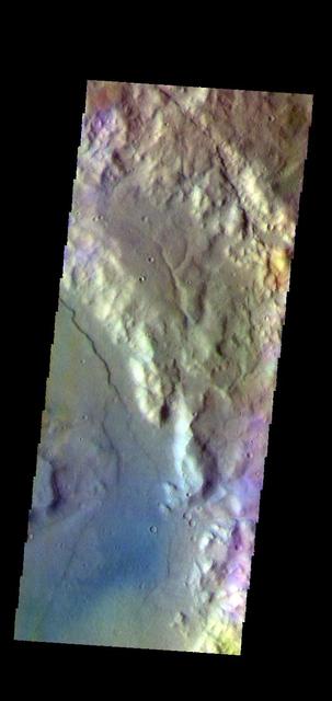The THEMIS VIS camera contains 5 filters. The data from different filters can be combined in multiple ways to create a false color image. These false color images may reveal subtle variations of the surface not easily identified in a single band image. Today's false color image shows part of the plains and craters in Terra Sirenum.  Orbit Number: 59228 Latitude: -37.9211 Longitude: 224.753 Instrument: VIS Captured: 2015-04-21 13:06  https://photojournal.jpl.nasa.gov/catalog/PIA21669