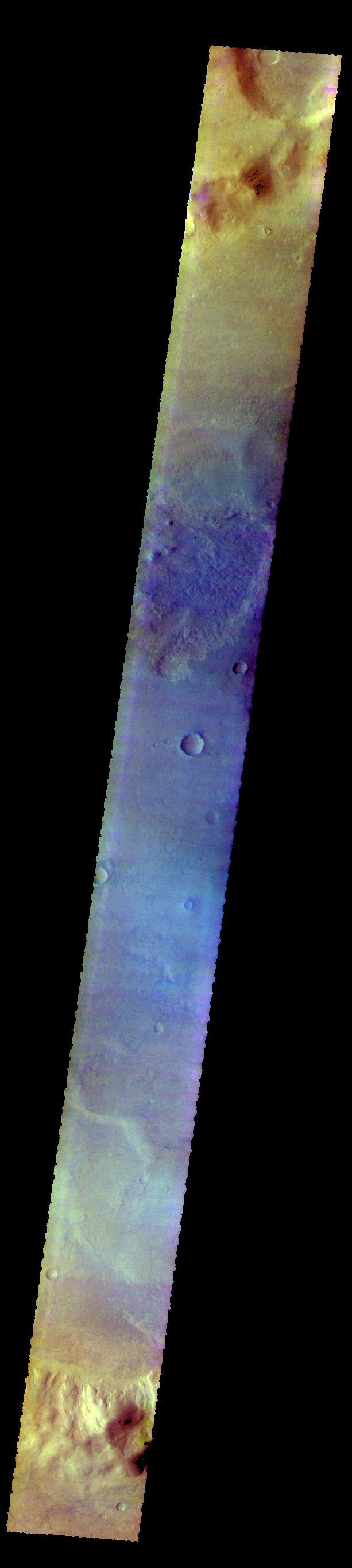 The THEMIS VIS camera contains 5 filters. The data from different filters can be combined in multiple ways to create a false color image. These false color images may reveal subtle variations of the surface not easily identified in a single band image. Today's false color image shows part of Proctor Crater in Noachis Terra.  Orbit Number: 59659 Latitude: -47.6015 Longitude: 29.5774 Instrument: VIS Captured: 2015-05-27 00:55  https://photojournal.jpl.nasa.gov/catalog/PIA21675