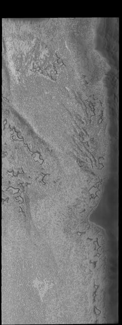 Today's VIS image shows more of the south polar cap at the end of summer.  Orbit Number: 67907 Latitude: -85.55 Longitude: 285.999 Instrument: VIS Captured: 2017-04-05 09:59  https://photojournal.jpl.nasa.gov/catalog/PIA21680