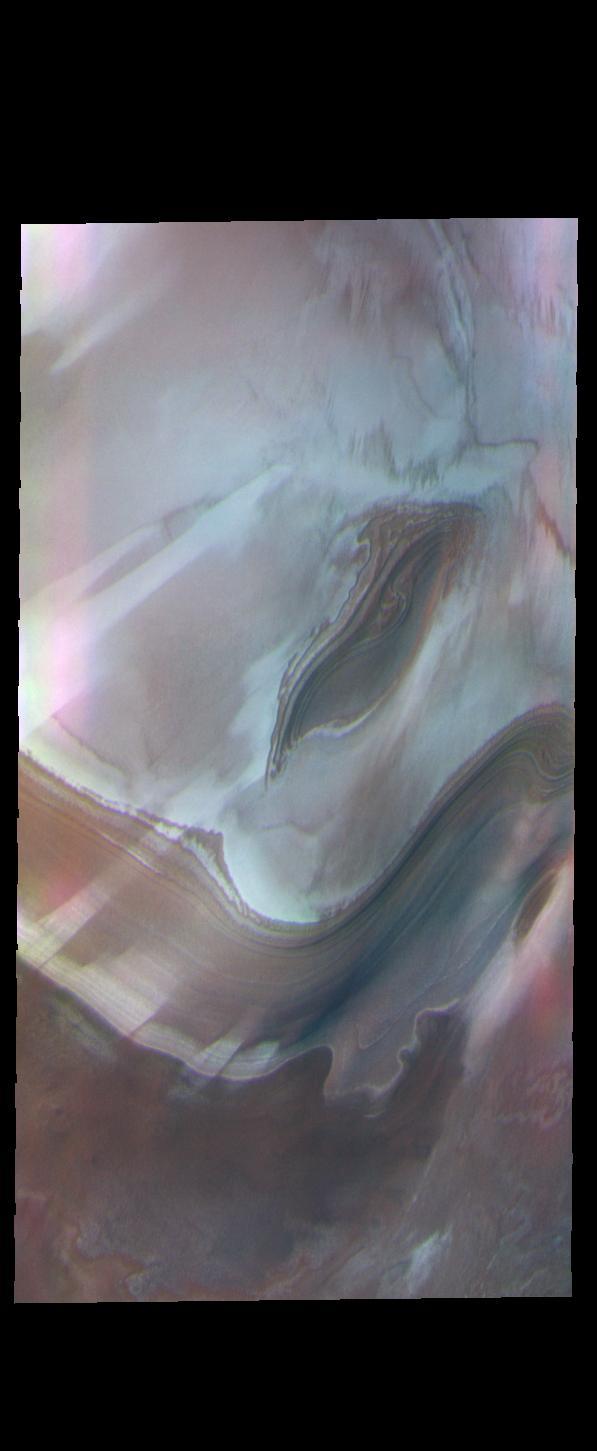 This image captured by NASA's 2001 Mars Odyssey spacecraft looks like a piece of abstract art.  Orbit Number: 63689 Latitude: 79.922 Longitude: 35.9293 Instrument: VIS Captured: 2016-04-22 23:28  https://photojournal.jpl.nasa.gov/catalog/PIA21695