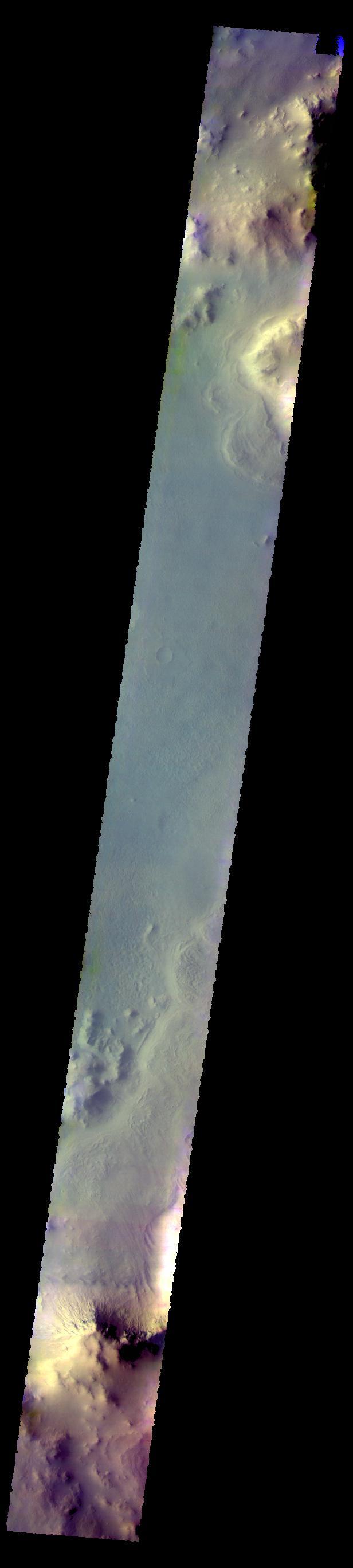 The THEMIS camera contains 5 filters. The data from different filters can be combined in multiple ways to create a false color image. These false color images may reveal subtle variations of the surface not easily identified in a single band image. Today's false color image shows part of Galle Crater.  Orbit Number: 59661 Latitude: -50.8727 Longitude: 331.232 Instrument: VIS Captured: 2015-05-27 04:53  https://photojournal.jpl.nasa.gov/catalog/PIA21699