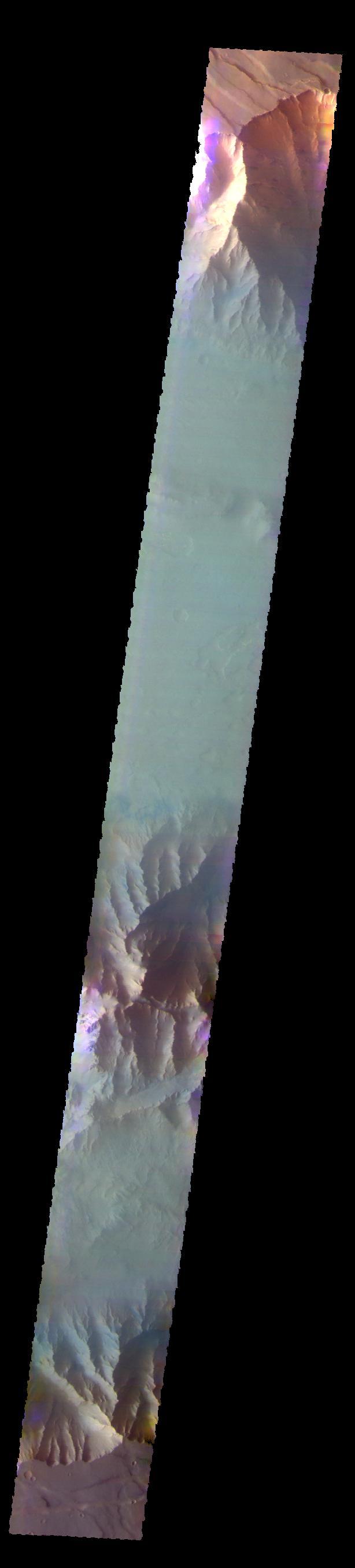 The THEMIS VIS camera contains 5 filters. The data from different filters can be combined in multiple ways to create a false color image. These false color images may reveal subtle variations of the surface not easily identified in a single band image. Today's false color image shows part of Coprates Chasma.  Orbit Number: 59675 Latitude: -12.3624 Longitude: 293.637 Instrument: VIS Captured: 2015-05-28 08:21  https://photojournal.jpl.nasa.gov/catalog/PIA21702