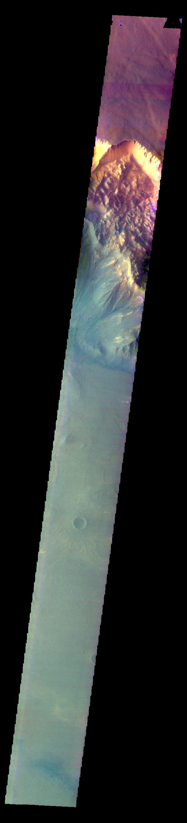 The THEMIS VIS camera contains 5 filters. The data from different filters can be combined in multiple ways to create a false color image. These false color images may reveal subtle variations of the surface not easily identified in a single band image. Today's false color image shows part of Melas Chasma.  Orbit Number: 59750 Latitude: -10.5452 Longitude: 290.307 Instrument: VIS Captured: 2015-06-03 12:33  https://photojournal.jpl.nasa.gov/catalog/PIA21705