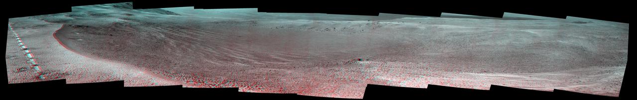 This view of a small, relatively fresh crater on Mars combines images from the left eye and right eye of the Panoramic Camera (Pancam) on NASA's Opportunity Mars rover, to appear three-dimensional when seen through blue-red glasses with the red lens on the left. The rover paused beside the crater in April 2017, during the 45th anniversary of the Apollo 16 mission to the moon. The rover team chose to call it "Orion Crater," after the Apollo 16 lunar module.  The crater's diameter is about 90 feet (27 meters). From the small amount of erosion or filling that Orion Crater has experienced, its age is estimated at no more than 10 million years. It lies on the western rim of Endeavour Crater. For comparison, Endeavor is about 14 miles (22 kilometers) in diameter and more than 3.6 billion years old.  The component images were taken on April 26, 2017, during the 4,712th Martian day, or sol, of Opportunity's work on Mars.   Apollo 16 astronauts John Young and Charles Duke flew in the Orion lunar module to and from the first human landing in the lunar highlands while Ken Mattingly orbited the moon in the command module, Casper. On the moon, Young and Duke investigated Plum Crater, which is approximately the same size as Mars' Orion Crater.  https://photojournal.jpl.nasa.gov/catalog/PIA21706