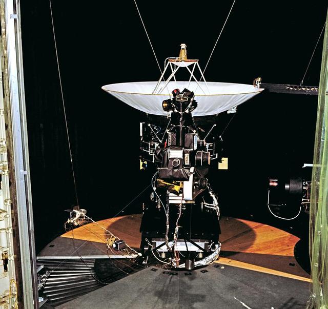 This archival photo shows the Voyager proof test model, which did not fly in space, in the 25-foot space simulator chamber at NASA's Jet Propulsion Laboratory, Pasadena, California.  https://photojournal.jpl.nasa.gov/catalog/PIA21726