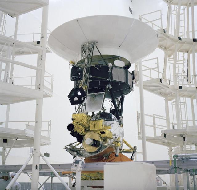 This archival photo shows the encapsulation of the Voyager Development Test Model at NASA's Kennedy Space Center's Eastern Test Range. The picture was taken on October 8, 1976.  https://photojournal.jpl.nasa.gov/catalog/PIA21730
