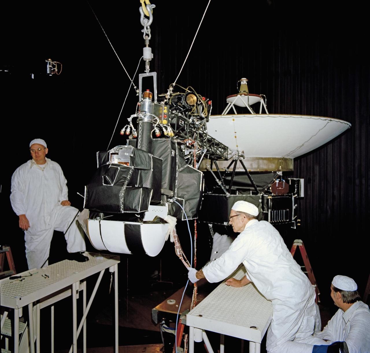 This image shows one of the Voyagers in the 25-foot space simulator chamber at NASA's Jet Propulsion Laboratory, Pasadena, California. The photo is dated April 27, 1977. https://photojournal.jpl.nasa.gov/catalog/PIA21737