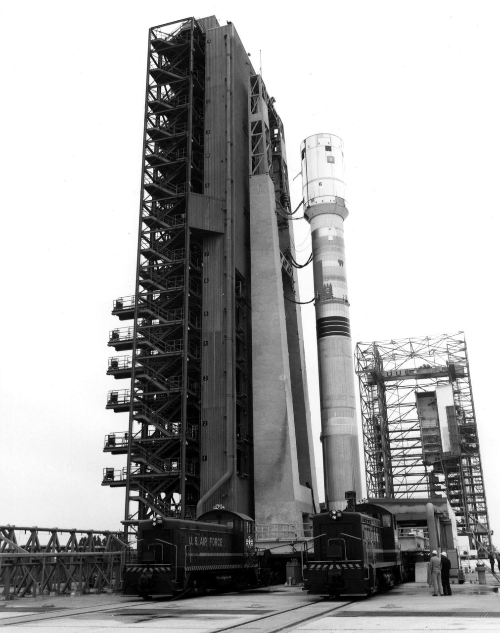 The Titan/Centaur-6 launch vehicle was moved to Launch Complex 41 at Kennedy Space Center in Florida to complete checkout procedures in preparation for launch. The photo is dated January 1977. This launch vehicle carried Voyager 1 into space on September 5, 1977. https://photojournal.jpl.nasa.gov/catalog/PIA21739