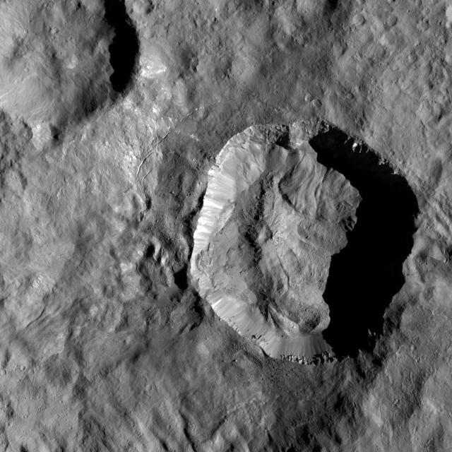 This high-resolution image of Juling Crater on Ceres reveals, in exquisite detail, features on the rims and crater floor. The crater is about 1.6 miles (2.5 kilometers) deep and the small mountain, seen left of the center of the crater, is about 0.6 miles (1 kilometers) high. The many features indicative of the flow of material suggest the subsurface is rich in ice. The geological structure of this region also generally suggests that ice is involved. The origin of the small depression seen at the top of the mountain is not fully understood but might have formed as a consequence of a landslide, visible on the northeastern flank. Dawn took this image during its extended mission on August 25, 2016, from its low-altitude mapping orbit at a distance of about 240 miles (385 kilometers) above the surface. The center coordinates of this image are 36 degrees south latitude, 167 degrees east longitude. Juling is named after the Sakai/Orang Asli spirit of the crops from Malaysia. NASA's Dawn spacecraft acquired this picture on August 24, 2016. The image was taken during Dawn's extended mission, from its low altitude mapping orbit at about 240 miles (385 kilometers) above the surface. The center coordinates of this image are 38 degrees south latitude, 165 degrees east longitude. https://photojournal.jpl.nasa.gov/catalog/PIA21754