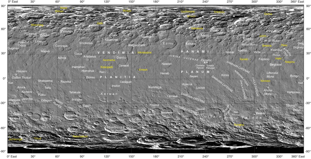 Often, the names of features on planetary bodies are connected through a specific theme -- for example, many features on the Moon have been named after famous scientists. NASA's Dawn mission, together with the International Astronomical Union, established that craters on Ceres would be named for agricultural deities from all over the world, and other features would be named for agricultural festivals. Ceres itself was named after the Roman goddess of corn and harvests by its discoverer, Giuseppe Piazzi, who spotted it with his telescope in 1801. Since March 2015, Dawn has been orbiting Ceres and sending back many intriguing images and other data about its features. Using suggestions from the Dawn team, the IAU recently approved 25 new Ceres feature names tied to theme of agricultural deities, marked in yellow on the map. Emesh Crater, for example, is named for the Sumerian god of vegetation and agriculture. Jumi is the Latvian god of fertility of the field. The newly named surface features vary in size. Thrud, for example, is a crater with a diameter of 4.8 miles (7.8 kilometers) within the larger crater Zadeni, while Mlezi has a diameter of 28 miles (42 kilometers). For more information, the characteristics of these and other features on Ceres can be found in the IAU's Gazetteer of Planetary Nomenclature. https://photojournal.jpl.nasa.gov/catalog/PIA21755