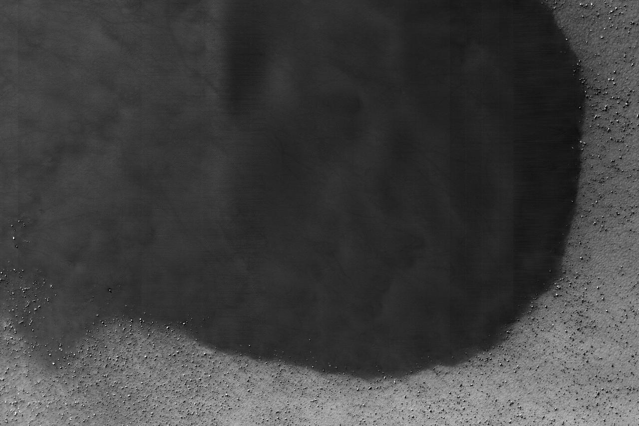 NASA's Mars Reconnaissance Orbiter (MRO) captured this crater featuring sand dunes and sand sheets on its floor. What are sand sheets? Snow fall on Earth is a good example of sand sheets: when it snows, the ground gets blanketed with up to a few meters of snow. The snow mantles the ground and "mimics" the underlying topography. Sand sheets likewise mantle the ground as a relatively thin deposit.  This kind of environment has been monitored by HiRISE since 2007 to look for movement in the ripples covering the dunes and sheets. This is how scientists who study wind-blown sand can track the amount of sand moving through the area and possibly where the sand came from. Using the present environment is crucial to understanding the past: sand dunes, sheets, and ripples sometimes become preserved as sandstone and contain clues as to how they were deposited  The map is projected here at a scale of 25 centimeters (9.8 inches) per pixel. [The original image scale is 25 centimeters (9.8 inches) per pixel (with 1 x 1 binning); objects on the order of 75 centimeters (29.5 inches) across are resolved.] North is up.  https://photojournal.jpl.nasa.gov/catalog/PIA21757