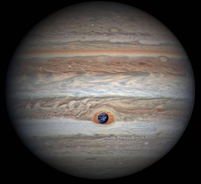 Measuring in at 10,159 miles (16,350 kilometers) in width (as of April 3, 2017) Jupiter's Great Red Spot is 1.3 times as wide as Earth. This composite image was generated by combining NASA imagery of Earth with an image of Jupiter taken by astronomer Christopher Go.  This composite image was generated by combining NASA imagery of Earth with an image of Jupiter taken by astronomer Christopher Go.  https://photojournal.jpl.nasa.gov/catalog/PIA21774