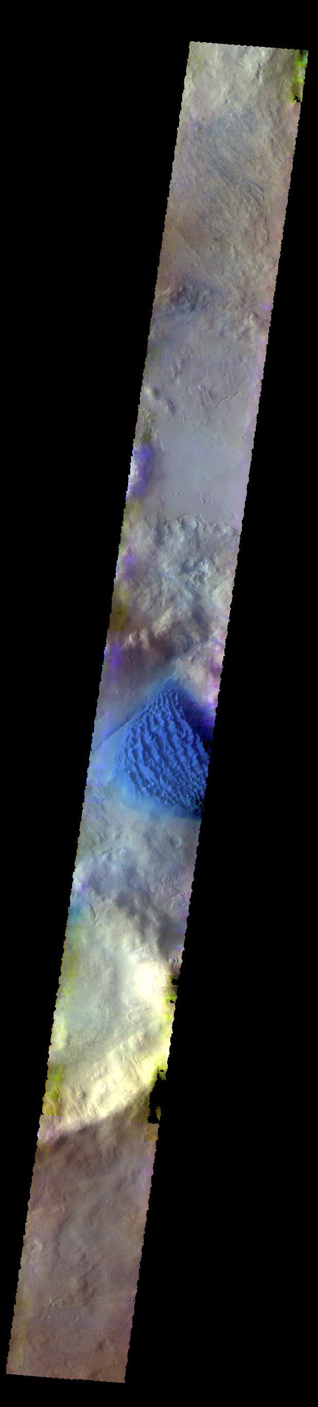 The THEMIS VIS camera contains 5 filters. The data from different filters can be combined in multiple ways to create a false color image. These false color images may reveal subtle variations of the surface not easily identified in a single band image. Today's false color image shows the dune field on the floor of Matara Crater in Noachis Terra.  Orbit Number: 59846 Latitude: -49.361 Longitude: 34.6114 Instrument: VIS Captured: 2015-06-11 10:29  https://photojournal.jpl.nasa.gov/catalog/PIA21795
