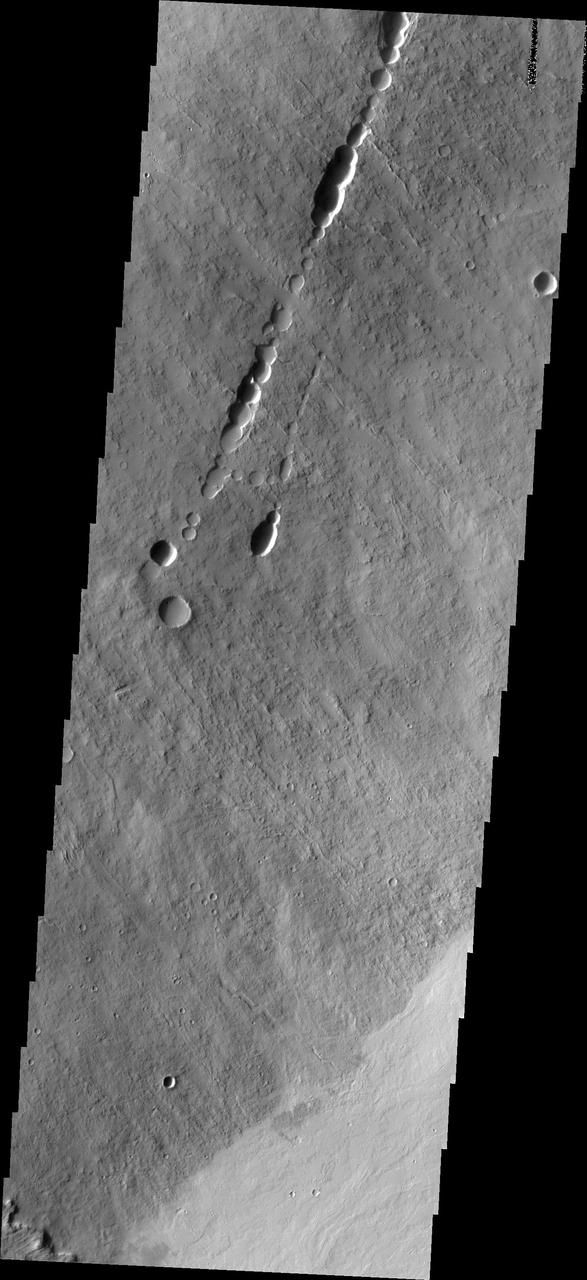 This image shows a collapse feature on the southeastern flank of the volcano. The circular/scalloped margin of the collapse is typical for ceiling collapse into a lava tube. However, the potential lava tube is perpendicular to the surface flows. The linear nature and relationship to the surface flows likely indicate that a preexisting tectonic graben occurred here and hosted lava flows that may have become lava tube flows. So in this case, the collapse feature formed by a combination of tectonic and volcanic processes. The Odyssey spacecraft has spent over 15 years in orbit around Mars, circling the planet more than 69000 times. It holds the record for longest working spacecraft at Mars. THEMIS, the IR/VIS camera system, has collected data for the entire mission and provides images covering all seasons and lighting conditions. Over the years many features of interest have received repeated imaging, building up a suite of images covering the entire feature. From the deepest chasma to the tallest volcano, individual dunes inside craters and dune fields that encircle the north pole, channels carved by water and lava, and a variety of other feature, THEMIS has imaged them all. For the next several months the image of the day will focus on the Tharsis volcanoes, the various chasmata of Valles Marineris, and the major dunes fields. We hope you enjoy these images! Orbit Number: 19861 Latitude: 9.8885 Longitude: 257.922 Instrument: VIS Captured: 2006-06-06 16:52 https://photojournal.jpl.nasa.gov/catalog/PIA21825