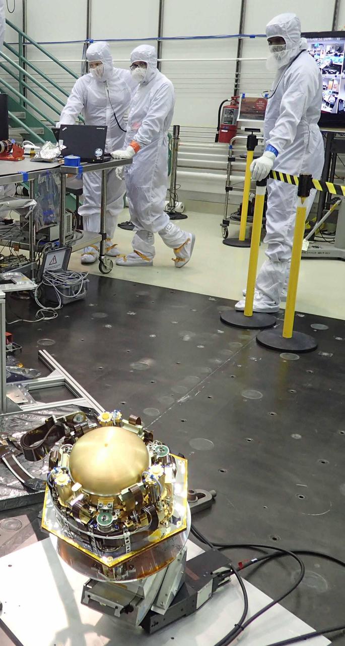 The Seismic Experiment for Interior Structure (SEIS) instrument for NASA's InSight mission to Mars undergoes a checkout for the spacecraft's assembly, test and launch operations (ATLO) in this photo taken July 20, 2017, in a Lockheed Martin clean room facility in Littleton, Colorado. The SEIS was provided by France's national space agency (CNES) with collaboration from the United States, the United Kingdom, Switzerland and Germany. The InSight mission (for Interior Exploration using Seismic Investigations, Geodesy and Heat Transport) is scheduled to launch in May 2018 and land on Mars Nov. 26, 2018. It will investigate processes that formed and shaped Mars and will help scientists better understand the evolution of our inner solar system's rocky planets, including Earth. https://photojournal.jpl.nasa.gov/catalog/PIA21846