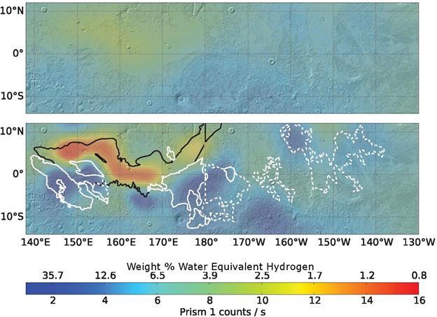 Re-analysis of 2002-2009 data from a hydrogen-finding instrument on NASA's Mars Odyssey orbiter increased the resolution of maps of hydrogen abundance. The reprocessed data (lower map) shows more "water-equivalent hydrogen" (darker blue) in some parts of this equatorial region of Mars. Puzzingly, this suggests the possible presence of water ice just beneath the surface near the equator, though it would not be thermodynamically stable there.  The upper map uses raw data from Odyssey's neutron spectrometer instrument, which senses the energy state of neutrons coming from Mars, providing an indication of how much hydrogen is present in the top 3 feet (1 meter) of the surface. Hydrogen detected by Odyssey at high latitudes of Mars in 2002 was confirmed to be in the form of water ice by the follow-up NASA Phoenix Mars Lander mission in 2008.  A 2017 reprocessing of the older data applied image-reconstruction techniques often used to reduce blurring from medical imaging data. The results are shown here for an area straddling the equator for about one-fourth the circumference of the planet, centered at 175 degrees west longitude. The white contours outline lobes of a formation called Medusae Fossae, coinciding with some areas of higher hydrogen abundance in the enhanced-resolution analysis. The black line indicates the limit of a relatively young lava plain, coinciding with areas of lower hydrogen abundance in the enhanced-resolution analysis.  The color-coding key for hydrogen abundance in both maps is indicated by the horizontal bar, in units expressed as how much water would be present in the ground if the hydrogen is all in the form of water. Units of the equivalent water weight, as a percentage of the material in the ground, are correlated with counts recorded by the spectrometer, ranging from less than 1 weight-percent water equivalent (red) to more than 30 percent (dark blue).   https://photojournal.jpl.nasa.gov/catalog/PIA21848