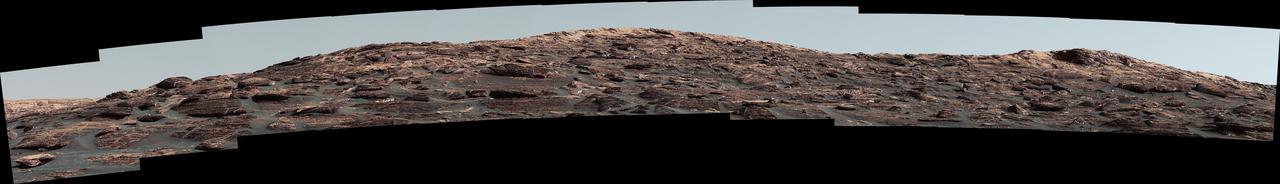 The Mast Camera (Mastcam) on NASA's Curiosity Mars rover captured this view of "Vera Rubin Ridge" about two weeks before the rover started ascending this steep ridge on lower Mount Sharp. The view combines 13 images taken with the Mastcam's right-eye, telephoto-lens camera, on Aug. 19, 2017, during the 1,790th Martian day, or sol, of Curiosity's work on Mars. This and other Mastcam panoramas show details of the sedimentary rocks that make up the "Vera Rubin Ridge." This distinct topographic feature located on the lower slopes of Mount Sharp (Aeolis Mons) is characterized by the presence of hematite, an iron-oxide mineral, which has been detected from orbit. The Mastcam images show that the rocks making up the lower part of the ridge are characterized by distinct horizontal stratification with individual rock layers of the order of several inches (tens of centimeters) thick. Scientists on the mission are using such images to determine the ancient environment these rocks were deposited in. The repeated beds indicate progressive accumulation of sediments that now make up the lower part of Mount Sharp, although from this distance it is not possible to know if they were formed by aqueous or wind-blown processes. Close-up images collected as the rover climbs the ridge will help answer this question. The stratified rocks are cross cut by veins filled with a white mineral, likely calcium sulfate, that provide evidence of later episodes of fluid flow through the rocks. The panorama has been white-balanced so that the colors of the rock materials resemble how they would appear under daytime lighting conditions on Earth. It spans about 55 compass degrees centered to the south-southeast. The Sol 1790 location just north of the ridge is shown in a Sol 1789 traverse map. The ridge was informally named in early 2017 in memory of Vera Cooper Rubin (1928-2016), whose astronomical observations provided evidence for the existence of the universe's dark matter. An annotated figure is shown at https://photojournal.jpl.nasa.gov/catalog/PIA21851