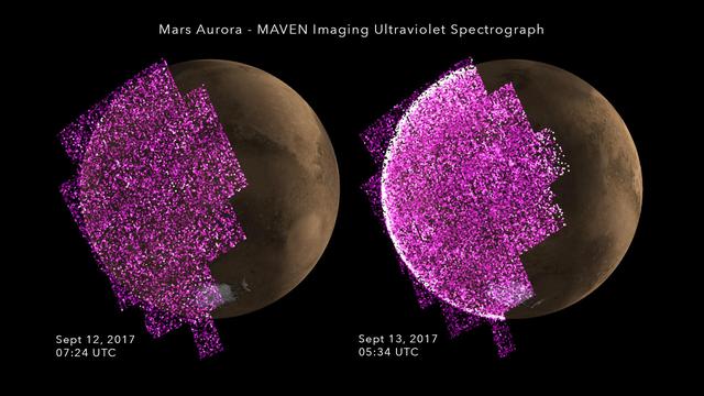These images show the sudden appearance of a bright aurora on Mars during a solar storm in September 2017. The purple-white color scheme shows the intensity of ultraviolet light seen on Mars' night side before (left) and during (right) the event.  A simulated image of Mars for the same time and orientation has been added, with the dayside crescent visible on the right. The auroral emission appears brightest at the edges of the planet where the line of sight passes along the length of the glowing atmosphere layer.  The data are from observations by the Imaging Ultraviolet Spectrograph instrument (IUVS) on NASA's Mars Atmosphere and Volatile Evolution orbiter, or MAVEN.  Note that, unlike auroras on Earth, the Martian aurora is not concentrated at the planet's polar regions. This is because Mars has no strong magnetic field like Earth's to concentrate the aurora near the poles.  https://photojournal.jpl.nasa.gov/catalog/PIA21855