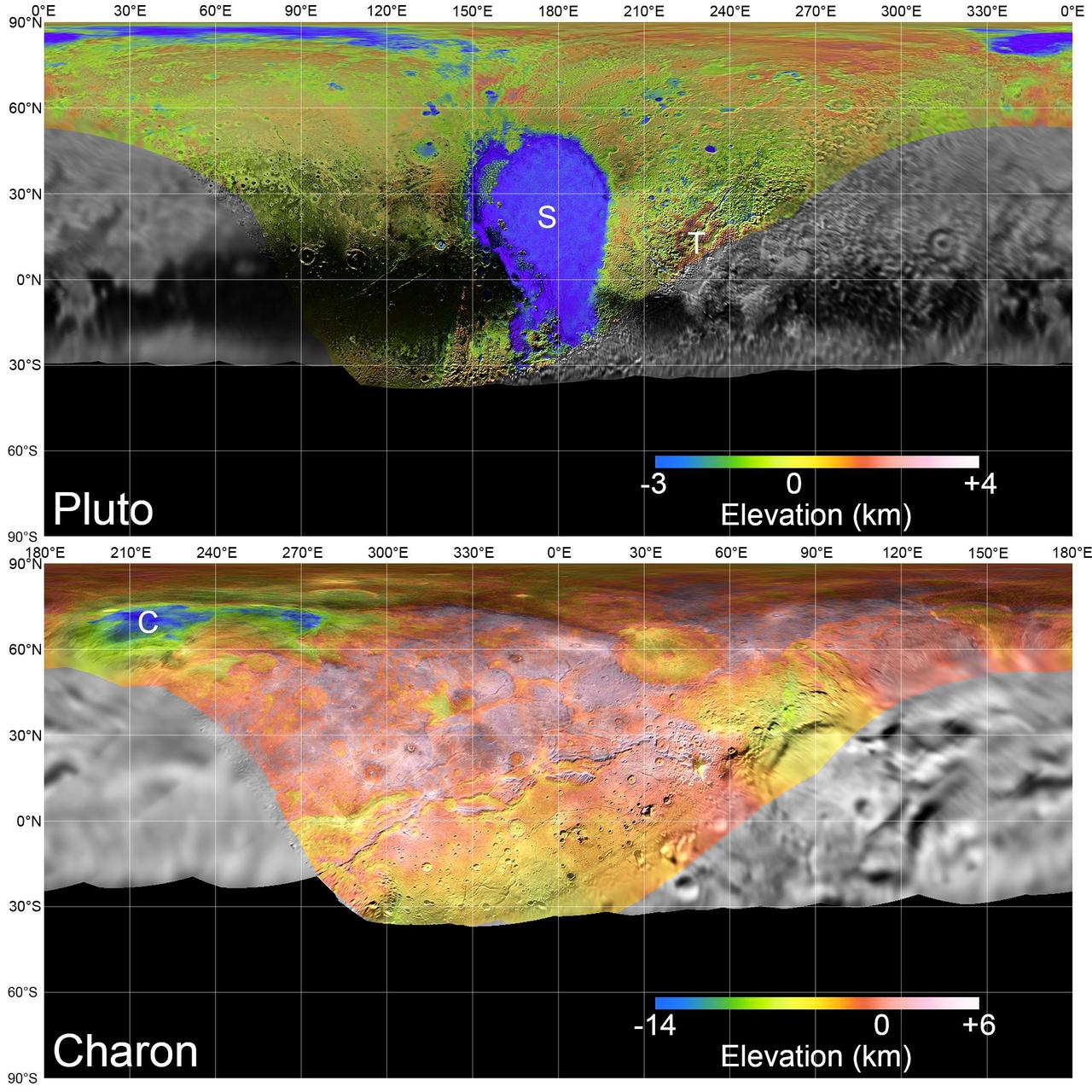 Global mosaics of Pluto and Charon projected at 300 meters (985 feet) per pixel that have been assembled from most of the highest resolution images obtained by the Long-Range Reconnaissance Imager (LORRI) and the Multispectral Visible Imaging Camera (MVIC) onboard New Horizons. Transparent, colorized stereo topography data generated for the encounter hemispheres of Pluto and Charon have been overlain on the mosaics. Terrain south of about 30°S on Pluto and Charon was in darkness leading up to and during the flyby, so is shown in black. "S" and "T" respectively indicate Sputnik Planitia and Tartarus Dorsa on Pluto, and "C" indicates Caleuche Chasma on Charon. All feature names on Pluto and Charon are informal.   https://photojournal.jpl.nasa.gov/catalog/PIA21862