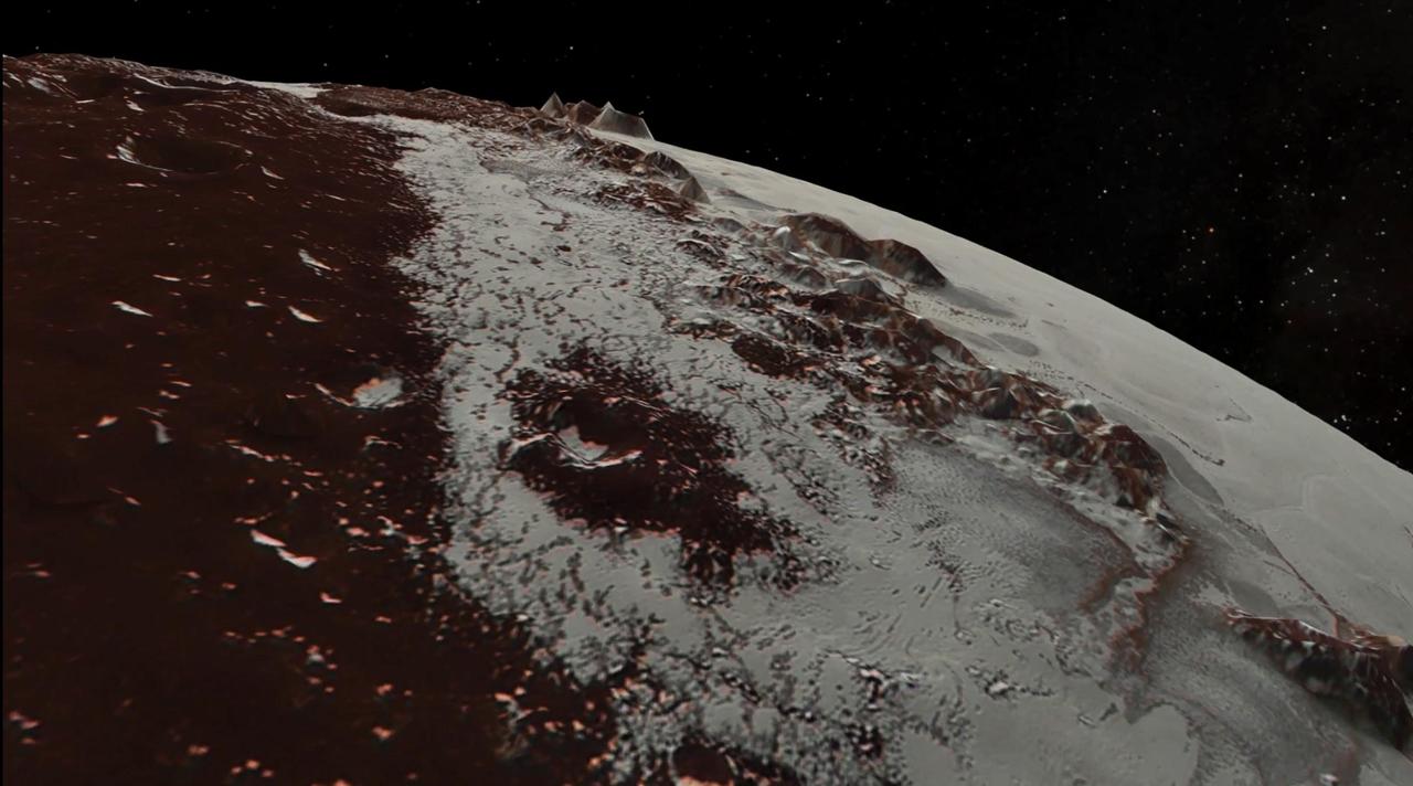 In July 2015, NASA's New Horizons spacecraft sent home the first close-up pictures of Pluto and its moons. Using actual New Horizons data and digital elevation models of Pluto and its largest moon, Charon, mission scientists created flyover movies that offer spectacular new perspectives of the many unusual features that were discovered and which have reshaped our views of the Pluto system -- from a vantage point even closer than a ride on New Horizons itself.  The dramatic Pluto flyover begins over the highlands to the southwest of the great expanse of nitrogen ice plain informally named Sputnik Planitia. (Note that all feature names in the Pluto system are informal.) The viewer first passes over the western margin of Sputnik, where it borders the dark, cratered terrain of Cthulhu Macula, with the blocky mountain ranges located within the planitia seen on the right. The tour moves north past the rugged and fractured highlands of Voyager Terra and then turns southward over Pioneer Terra, which exhibits deep and wide pits, before concluding over the bladed terrain of Tartarus Dorsa in the far east of the encounter hemisphere.  The topographic relief is exaggerated by a factor of 2 to 3 in these movies to emphasize topography; the surface colors have also been enhanced to bring out detail. Digital mapping and rendering were performed by Paul Schenk and John Blackwell of the Lunar and Planetary Institute in Houston.  A video can be viewed at https://photojournal.jpl.nasa.gov/catalog/PIA21863