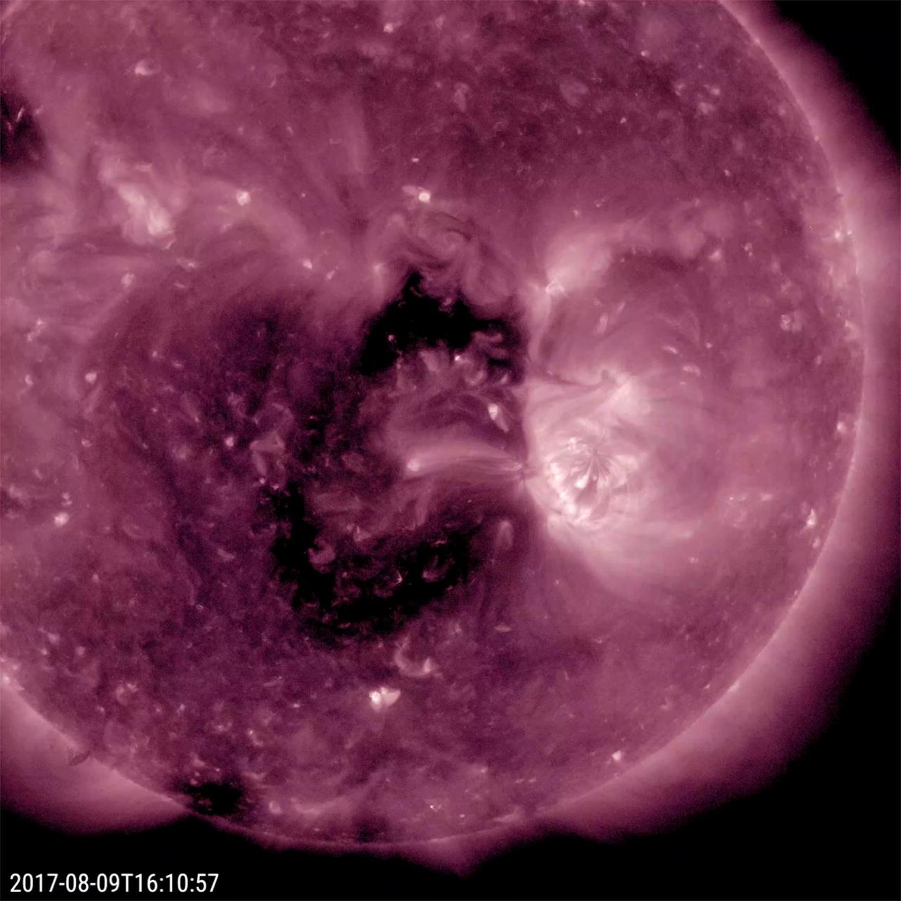 A substantial coronal hole rotated into a position where it is facing Earth (Aug. 9-11, 2017). Coronal holes are areas of open magnetic field that spew out charged particles as solar wind that spreads into space. If that solar wind interacts with our own magnetosphere it can generate aurora. In this view of the sun in extreme ultraviolet light, the coronal hole appears as the dark stretch near the center of the sun. It was the most distinctive feature on the sun over the past week.  Movies are available at https://photojournal.jpl.nasa.gov/catalog/PIA21874