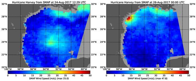 The rapid intensification of Hurricane Harvey is seen in this pair of images of ocean surface wind speeds as observed by the radiometer instrument aboard NASA's Soil Moisture Active Passive (SMAP) satellite at 7:29 a.m. CDT Aug. 24th, 2017 (left) and at 7 p.m. CDT Aug. 26th (right). Color indicates wind speed, with red being highest and blue lowest. The images show Harvey's maximum wind speeds increased from approximately 56 miles per hour (25 meters per second) to about 107 miles per hour (47.8 meters per second) in the 36 hours just before landfall. The higher wind speeds estimated near the mouth of the Mississippi River are erroneous and are due to errors in the ancillary sea-surface-salinity data product used by SMAP to estimate extreme wind speeds. https://photojournal.jpl.nasa.gov/catalog/PIA21884