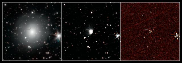 NASA's Spitzer Space Telescope has provisionally detected the faint afterglow of the explosive merger of two neutron stars in the galaxy NGC 4993. The event, labeled GW170817, was initially detected in gravitational waves and gamma rays. Subsequent observations by dozens of telescopes have monitored its afterglow across the entire spectrum of light. The event is located about 130 million light-years from Earth.  Spitzer's observation on September 29, 2017, came late in the game, just over 6 weeks after the event was first seen. But if this weak detection is verified, it will play an important role in helping astronomers understand how many of the heaviest elements in the periodic table are created in explosive neutron star mergers.  The left panel is a color composite of the 3.6 and 4.5 micron channels of the Spitzer IRAC instrument, rendered in cyan and red. The center panel is a median-filtered color composite showing a faint red dot at the known location of the event. The right panel shows the residual 4.5 micron data after subtracting out the light of the galaxy using an archival image that predates the event.  An annotated version is at https://photojournal.jpl.nasa.gov/catalog/PIA21910