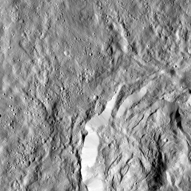 This image obtained by NASA's Dawn spacecraft shows a field of small craters next to Kokopelli Crater, seen at bottom right in this image, on dwarf planet Ceres. The small craters overlay a smooth, wavy material that represents ejecta from nearby Dantu Crater. The small craters were formed by blocks ejected in the Dantu impact event, and likely from the Kokopelli impact as well. Kokopelli is named after the fertility deity who presides over agriculture in the tradition of the Pueblo people from the southwestern United States. The crater measures 21 miles (34 kilometers) in diameter. Dawn took this image during its first extended mission on August 11, 2016, from its low-altitude mapping orbit, at about 240 miles (385 kilometers) above the surface. The center coordinates of this image are 20 degrees north latitude, 123 degrees east longitude. https://photojournal.jpl.nasa.gov/catalog/PIA21915