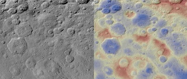 These images show a subtle feature on Ceres called Kwanzaa Tholus. Kwanzaa, meaning "first fruits" in Swahili, is an African-American festival based on ancient African harvest celebrations, and takes place from December 26 to January 1. A tholus is a type of small mountain. Kwanzaa Tholus measures about 22 by 12 miles (35 by 19 kilometers) and is elevated about 2 miles (3 km) above its surroundings. Because the mountain does not rise sharply above the ground, it is difficult to see in the mosaic on the left, although a small crescent-shaped shadow stands out. The image on the right, which is an elevation map of the area, shows where Kwanzaa Tholus is more prominently. The rounded shape of Kwanzaa Tholus is typical of tholi (plural of tholus) in general, but is different than other examples found on Ceres (like Dalien Tholus) and Mars. This region is particularly rich in this type of feature: The current Ceres map shows six named tholi and montes (slightly bigger mountains) in the region (centered around 32 degrees north, 327 degrees east) and several others including Ahuna Mons farther south. Scientists say Kwanzaa Tholus may have once been as prominent as Ahuna Mons, the tallest and most noticeable mountain on Ceres. Ahuna Mons is likely a cryovolcano, a volcano formed by the gradual accumulation of thick, slowly flowing icy materials. Because ice https://www.nasa.gov/feature/goddard/2016/ceres-cryo-volcano/is not strong enough to preserve an elevated structure for extended periods, cryovolcanoes on Ceres are expected to gradually collapse over tens of millions of years. This means Kwanzaa Tholus and other tholi in that area could be degraded mountains, which also formed from cryovolcanic activity. The mosaic on the left combines images taken by NASA's Dawn spacecraft in its high-altitude mapping orbit (HAMO) at about 915 miles (1,470 kilometers) above the surface. The spatial resolution is 450 feet (140 meters) per pixel. https://photojournal.jpl.nasa.gov/catalog/PIA21916