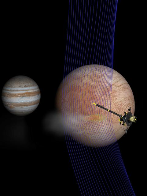 NASA image: Europa Scene: Plume, Galileo, Magnetic Field (Artist's Concept)